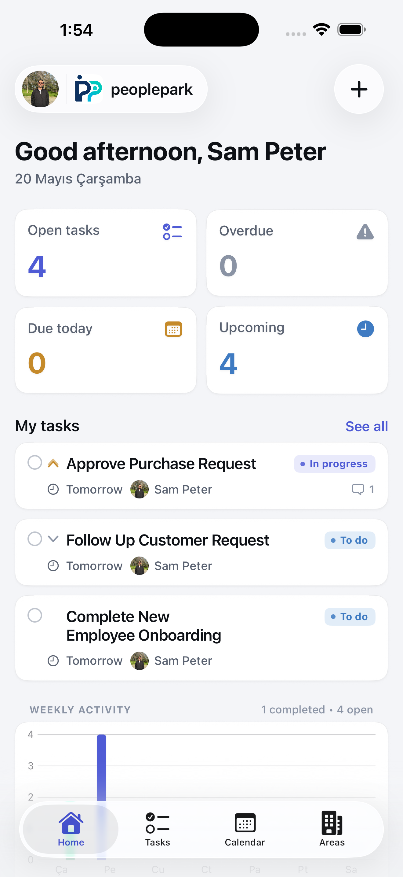 ComFlow home dashboard with open tasks, overdue work, due today count, upcoming tasks, and weekly activity.