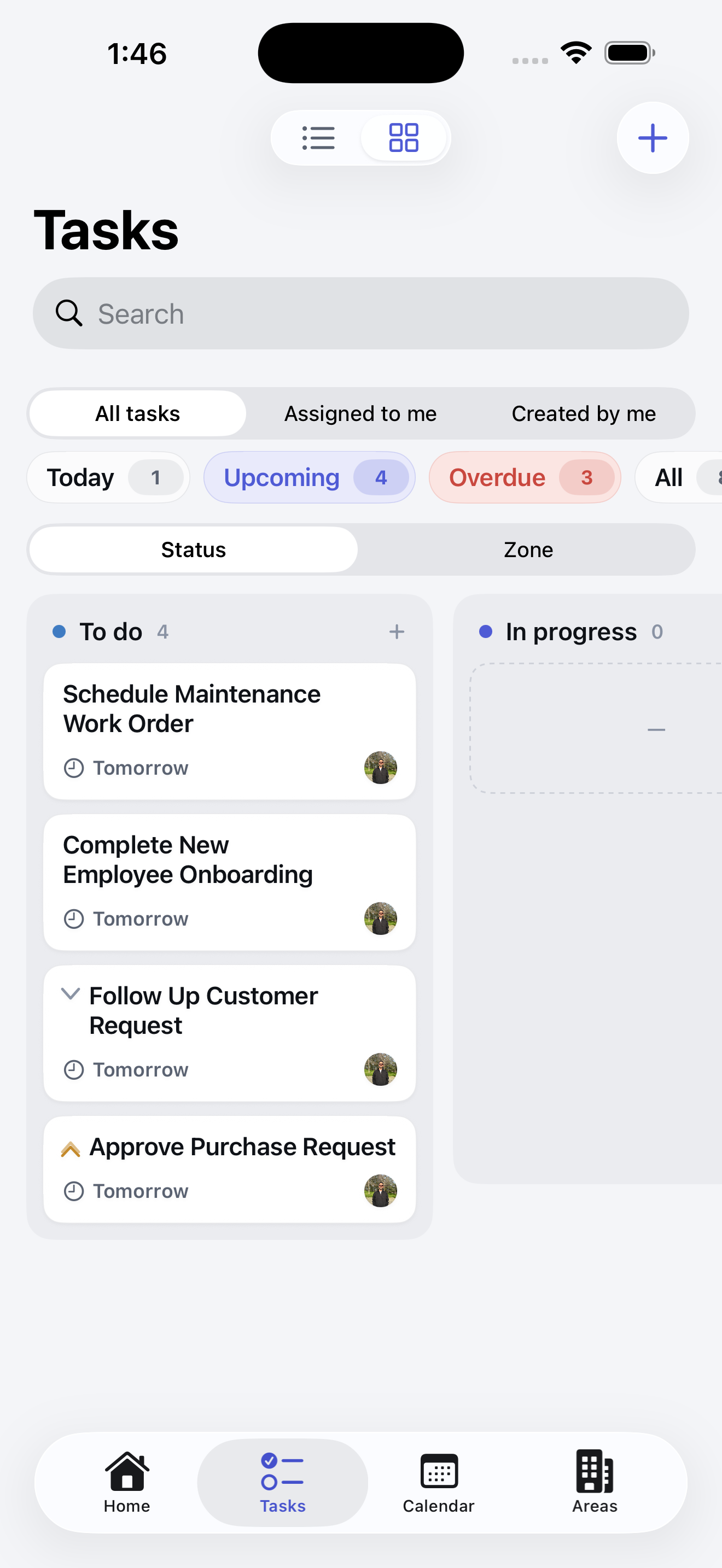 ComFlow task board with to-do and in-progress columns, task filters, assignees, and priorities.