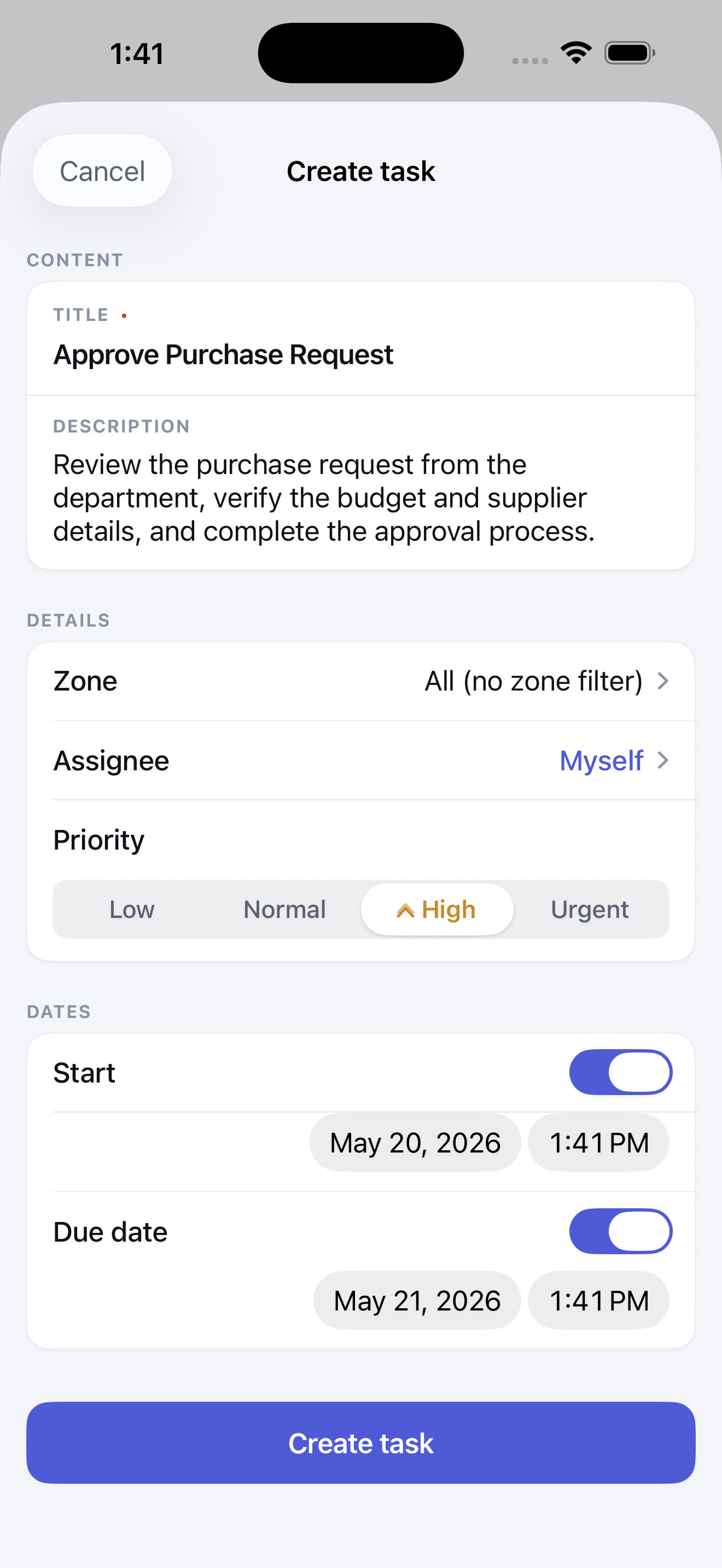 ComFlow create task screen with title, description, zone, assignee, priority, start date, and due date.